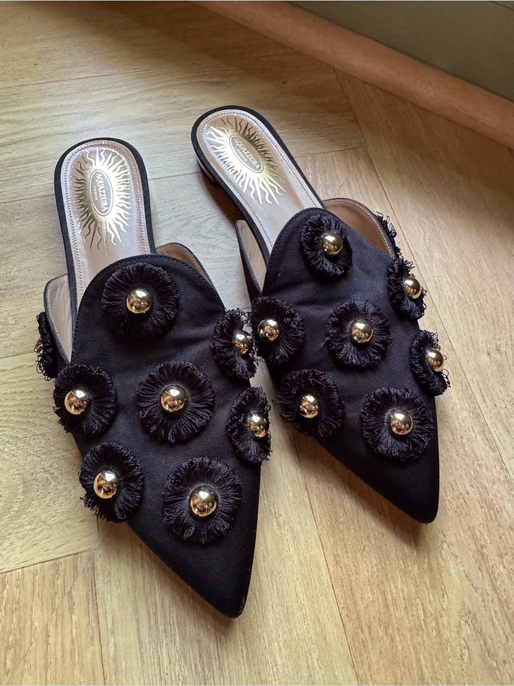 Aquazzura Firenze Sunflower Slide Mules in black canvas